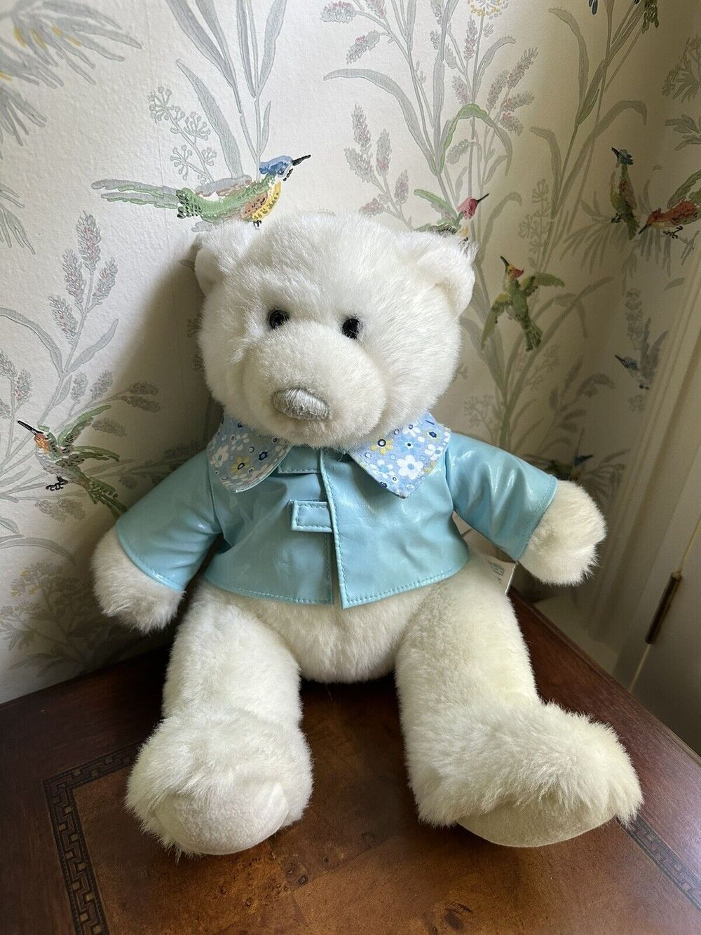 Build A Bear White Bear 15” Plush with Blue Short Sleeve Shirt